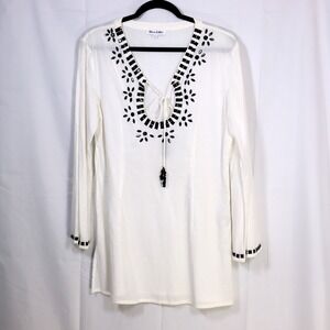 Rhona Sutton Beaded Tunic S White Womens Embroidered Boho Coverup